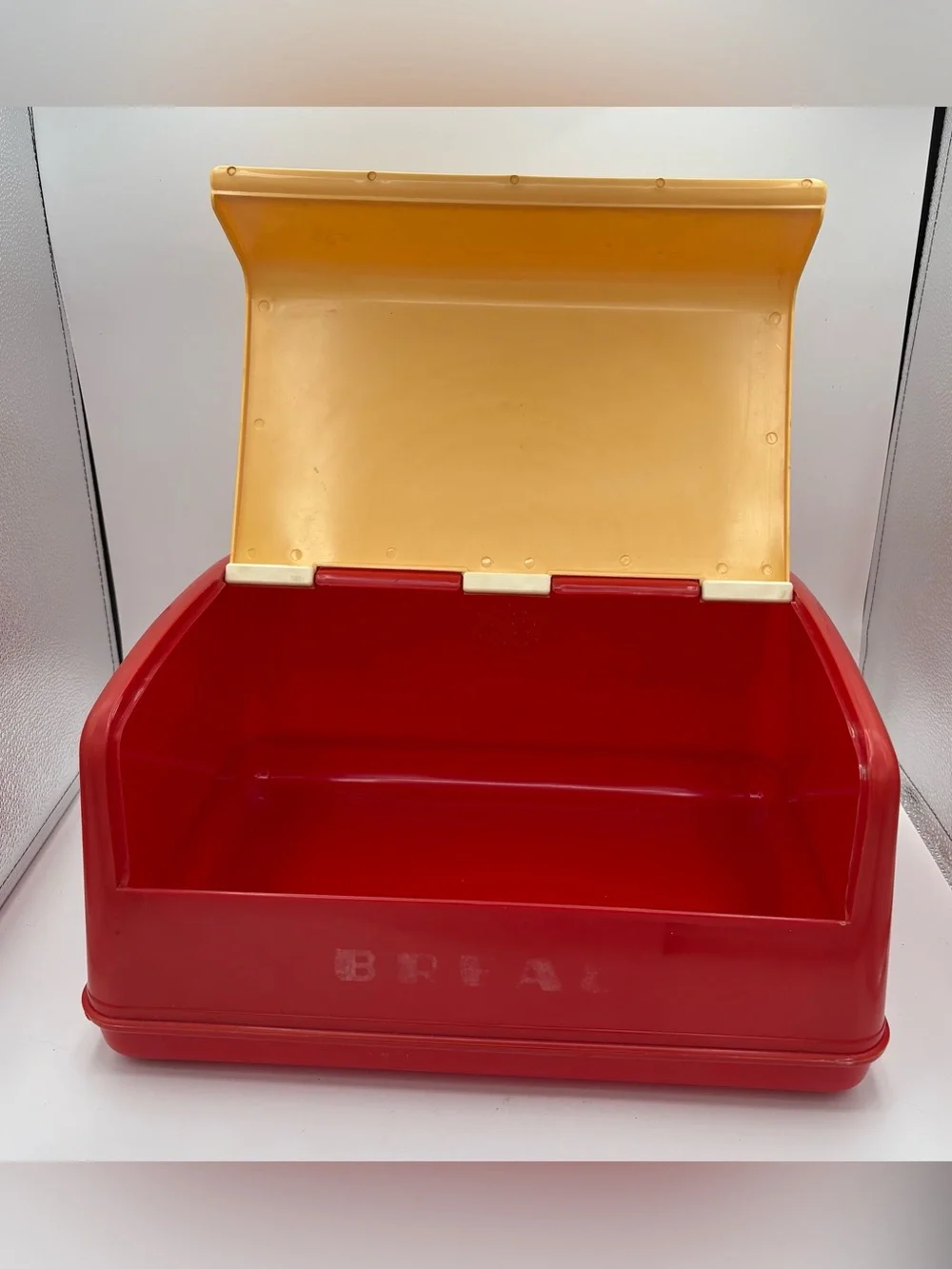 Vtg MCM 50’s Retro Kitchen Lustro Ware Bread Box B-20 Red Yellow Plastic Decor